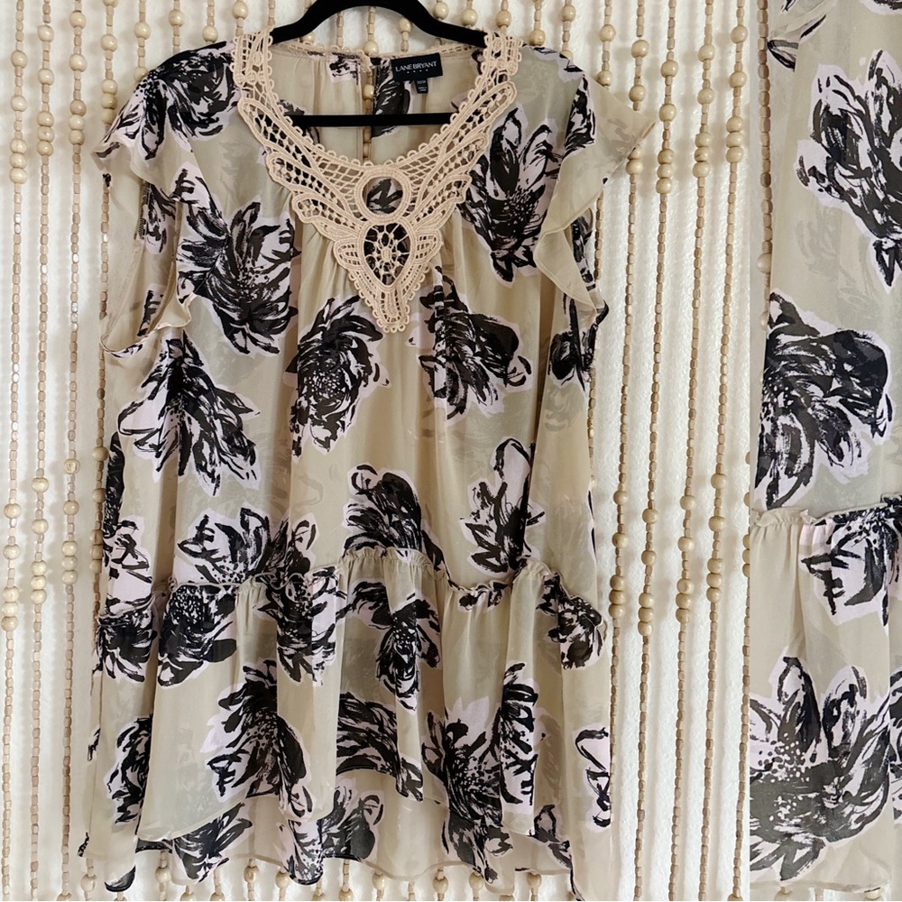 Lane Bryant Floral Ruffle Sleeve Crochet Lace Neck Semi Sheer Boho Blouse
